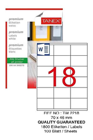 Bilgisayar Etiketi Tw-2218 70x46 mm 100 Lü Lazer Etiket 1 Paket Tanex Davetiye Kargo Koli Kutu Etiketi