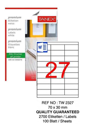 Bilgisayar Etiketi Tw-2327 70x30 mm 100 Lü Lazer Etiket 1 Paket Tanex Davetiye Kargo Koli Kutu Etiketi