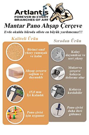 Mantar Pano Ahşap Çerçeve 40x60 cm 1 Adet Harita Çivisi Hediyeli Duvara Monte Mantar Çerçeve Evde Okulda Büroda Ofiste