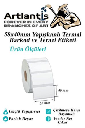 58X40 mm Barkod Etiketi Yapışkanlı 1 Adet Termal Barkot ve Terazi Etiketi 500 lü Barkod Yazıcılarına Uyumlu 