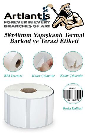 58X40 mm Barkod Etiketi Yapışkanlı 1 Adet Termal Barkot ve Terazi Etiketi 500 lü Barkod Yazıcılarına Uyumlu 