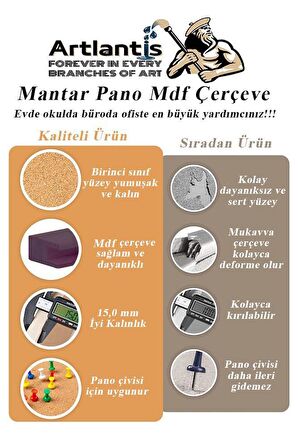 Mantar Pano Mdf Çerçeve 30x45 cm 1 Adet Harita Çivisi Hediyeli Duvara Monte Mantar Çerçeve Evde Okulda Büroda Ofiste