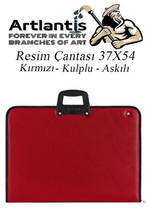 Kırmızı Resim Çantası Fermuarlı Kulplu 37x54 cm 1 Adet Teknik Resim Dosya Çantası 35x50 cm Askılı Proje Çantası Okul Sınıf