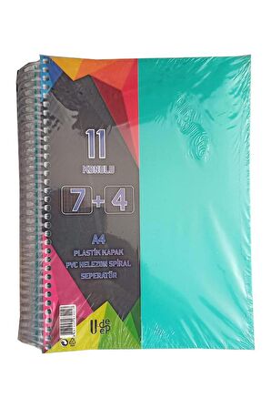 7+4 Ayraçlı Defter 11 Konulu 225 Yaprak 1 Adet 7 Kareli 4 Çizgili Spralli Plastik Kapak Seperatörlü