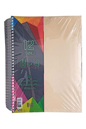 8+4 Ayraçlı Defter 12 Konulu 300 Yaprak 1 Adet 8 Kareli 4 Çizgili Spralli Plastik Kapak Seperatörlü