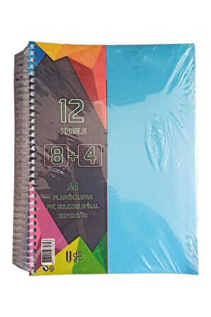8+4 Ayraçlı Defter 12 Konulu 300 Yaprak 1 Adet 8 Kareli 4 Çizgili Spralli Plastik Kapak Seperatörlü