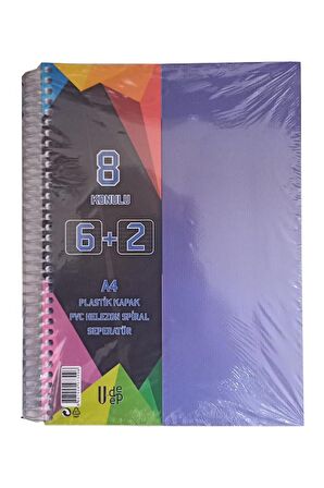 6+2 Ayraçlı Defter 8 Konulu 200 Yaprak 1 Adet 6 Kareli 2 Çizgili Spralli Plastik Kapak Seperatörlü