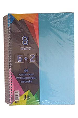6+2 Ayraçlı Defter 8 Konulu 200 Yaprak 1 Adet 6 Kareli 2 Çizgili Spralli Plastik Kapak Seperatörlü
