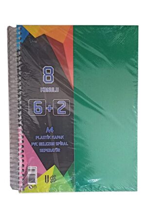 6+2 Ayraçlı Defter 8 Konulu 200 Yaprak 1 Adet 6 Kareli 2 Çizgili Spralli Plastik Kapak Seperatörlü