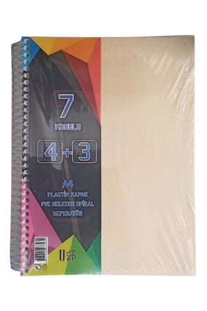 4+3 Ayraçlı Defter 7 Konulu 175 Yaprak 1 Adet 4 Kareli 3 Çizgili Spralli Plastik Kapak Seperatörlü
