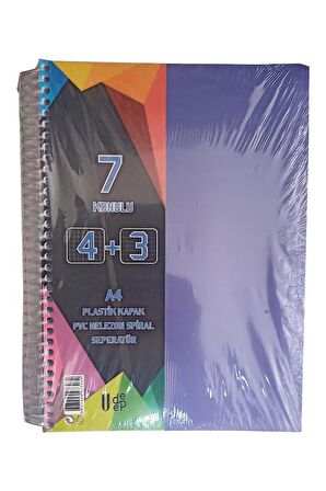 4+3 Ayraçlı Defter 7 Konulu 175 Yaprak 1 Adet 4 Kareli 3 Çizgili Spralli Plastik Kapak Seperatörlü