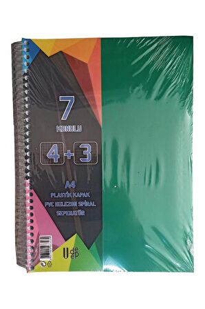 4+3 Ayraçlı Defter 7 Konulu 175 Yaprak 1 Adet 4 Kareli 3 Çizgili Spralli Plastik Kapak Seperatörlü