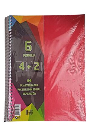 4+2 Ayraçlı Defter 6 Konulu 150 Yaprak 1 Adet 4 Kareli 2 Çizgili Spralli Plastik Kapak Seperatörlü