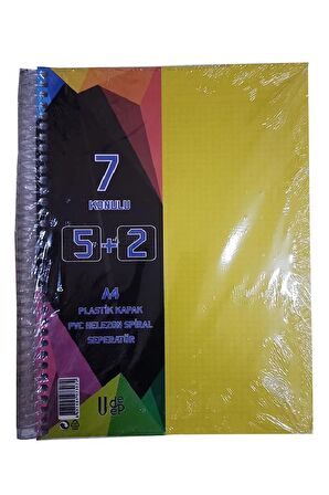 5+2 Ayraçlı Defter 7 Konulu 175 Yaprak 1 Adet 5 Kareli 2 Çizgili Spralli Plastik Kapak Seperatörlü