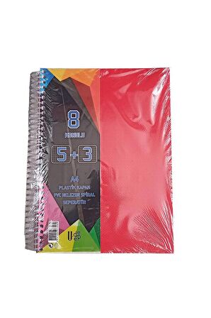 5+3 Ayraçlı Defter 8 Konulu 200 Yaprak 1 Adet 5 Kareli 3 Çizgili Spralli Plastik Kapak Seperatörlü