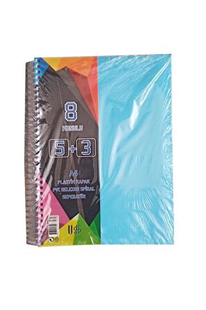 5+3 Ayraçlı Defter 8 Konulu 200 Yaprak 1 Adet 5 Kareli 3 Çizgili Spralli Plastik Kapak Seperatörlü