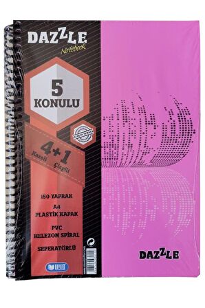 4+1 Ayraçlı Defter 5 Konulu 150 Yaprak 1 Adet 4 Kareli 1 Çizgili Spralli Plastik Kapak Seperatörlü