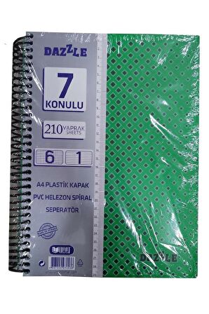 6+1 Ayraçlı Defter 7 Konulu 210 Yaprak 1 Adet 6 Kareli 1 Çizgili Spralli Plastik Kapak Seperatörlü
