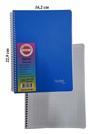 PP Orta Boy Spralli Defter 120 Yaprak Kareli 1 Adet 4 Bölümlü Kareli 120 Yaprak Plastik Kapak Spralli Defter