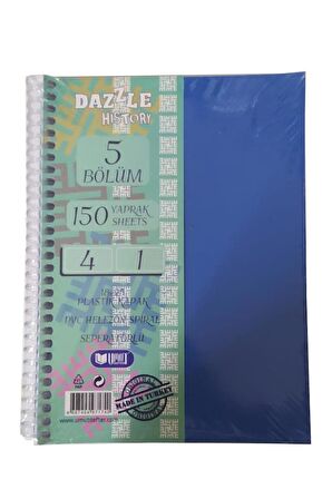 Orta Boy 4+1 Ayraçlı Defter 5 Konulu 150 Yaprak 1 Adet 4 Kareli 1 Çizgili Spralli Plastik Kapak Seperatörlü 18x25 cm