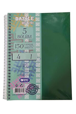 Orta Boy 4+1 Ayraçlı Defter 5 Konulu 150 Yaprak 1 Adet 4 Kareli 1 Çizgili Spralli Plastik Kapak Seperatörlü 18x25 cm
