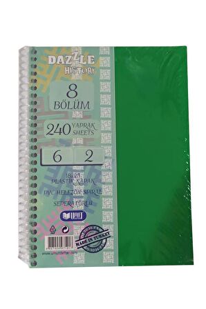 Orta Boy 6+2 Ayraçlı Defter 8 Konulu 240 Yaprak 1 Adet 6 Kareli 2 Çizgili Spralli Plastik Kapak Seperatörlü 18x25 cm