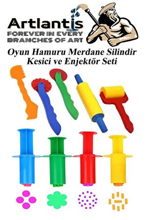 4 lü Oyun Hamuru Kalıbı Merdane Silindir Kesici ve Enjektör Seti 9 Parça 1 Paket Okul Kreş Ana Sınıfı Etkinlik Okul Öncesi