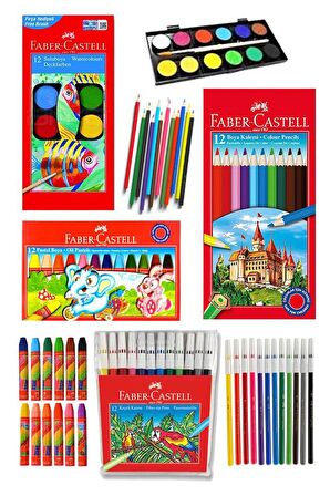 Öğrenci Boyama Seti 4 lü Faber 12 Renk Sulu Boya Kuru Boya Pastel Boya Keçeli Kalem 12 li Boya Set Faber Castell Okul Sınıf