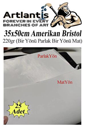 Amerikan Bristol Karton 35x50 cm 25 Adet 220 gr Bir Tarafı Parlak Bir Tarafı Mat Kağıt Biristol Karton