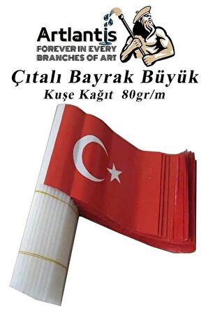 Çıtalı Bayrak Kağıt 21x29 cm 10 Adet Ay Yıldızlı Türk Bayrağı Çıtalı Sopalı Büyük Bayrak Plastik Çubuklu Bayrak