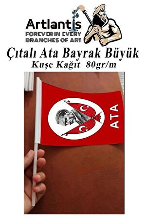 Çıtalı Ata Bayrak Kağıt 21x29 cm 10 Adet Atalı Bayrak Çıtalı Sopalı Büyük Bayrak Plastik Çubuklu Bayrak