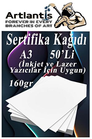 A3 Sertifika Kağıdı Kalın 50 Adet Gramajlı Fotokopi Kağıdı 160 gr Tüm Yazıcılara Uyumlu 29.7x42 cm Kalın Baskı Kağıdı