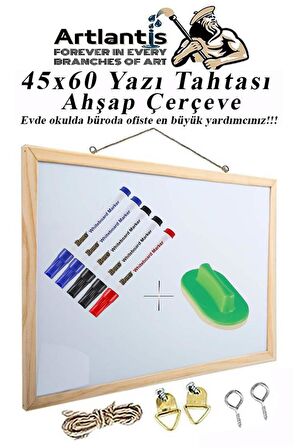 Duvara Monte Beyaz Yazı Tahtası 45x60 cm 1 Adet Yazı Tahta Kalemi ve Silgisi Laminant Yazı Tahtası Ahşap Çerçeveli Askılı Okul Ofis Büro