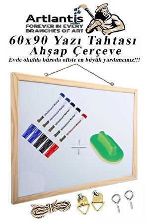 Duvara Monte Beyaz Yazı Tahtası 60x90 cm 1 Adet Yazı Tahta Kalemi ve Silgisi Laminant Yazı Tahtası Ahşap Çerçeveli Askılı Okul Ofis Büro