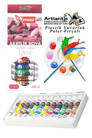 Akrilik Boya Mikro 12 Renk 12 Ml Tüp 1 Paket 12 Li Akrilik Boya Seti ve Yuvarlak Resim Paleti Fırçalı 1 Paket 10 Hazneli Boya Paleti Sanatsal Boyalar İçin Palet Akrilik Boya