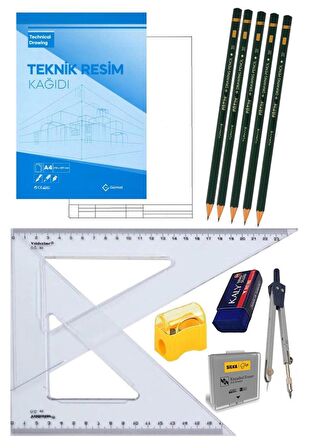 Teknik Resim Seti 12 Parça 1 Paket Teknik Resim Defteri Gönye Dereceli Kalem Metal Pergel Silgi Kalemtraş Hamur Silgi