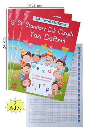 Güzel Yazı Defteri Orta Boy Dik Çizgili 16,5x24 cm 24 Yaprak 3 Adet Standart Dik Çizgili Yazı Defteri Dik Temel Harflerle 1. Sınıf