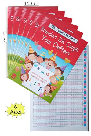 Güzel Yazı Defteri Orta Boy Dik Çizgili 16,5x24 cm 24 Yaprak 6 Adet Standart Dik Çizgili Yazı Defteri Dik Temel Harflerle 1. Sınıf