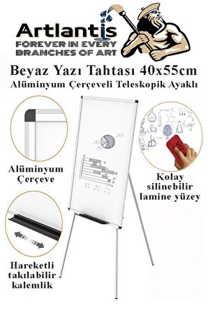 Ayaklı Yazı Tahtası Beyaz 40x55 cm Teleskobik Ayaklı 1 Adet Alüminyum Kolay Silinebilir Ergomik Beyaz Yazı Tahtası