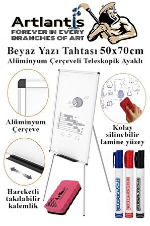 Ayaklı Beyaz Yazı Tahtası 50x70 cm Teleskobik Ayaklı 1 Adet Alüminyum Kolay Silinebilir Ergomik Beyaz Yazı Tahtası