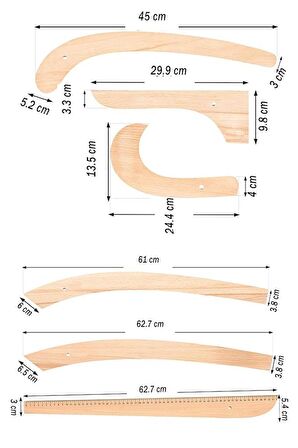 Riga Cetvel Seti Ahşap 6 Parça 1 Paket Riga Seti Riga Takımı Terzi Modelist Tekstil Cetveli
