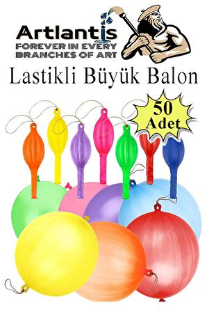 Lastikli Balon Zıpzıp 50 Adet İpli Balon Lateks Büyük Balon Punch Panç Renkli Balon