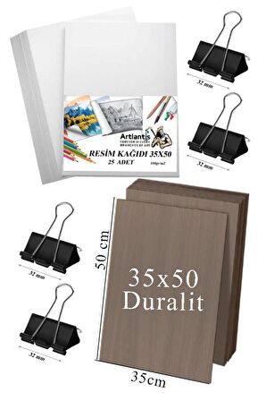 Karakalem Eskiz Çizim Seti Durolit Seti 35x50 cm Duralit 1 Adet 35x50 Resim Kağıdı 25 Adet Mandal Metal 4 Adet