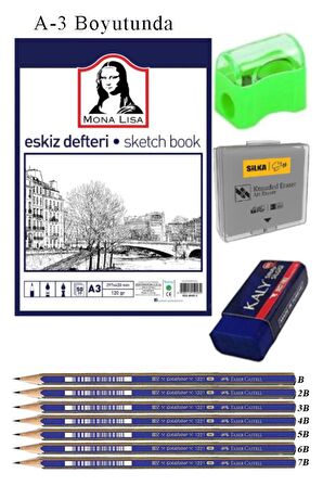 Eskiz Defteri A3 50 Yaprak Karakalem Çizim Seti Hamur Silgi Faber Castell Dereceli Kalem Hobi Tasarım Seti