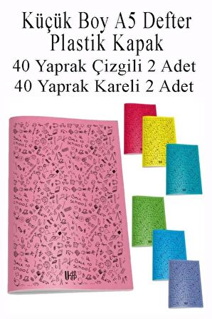 Defter Plastik Kapak A5 40 Yaprak Çizgili 2 Adet ve 40 Yaprak Kareli 2 Adet Küçük Boy Defter