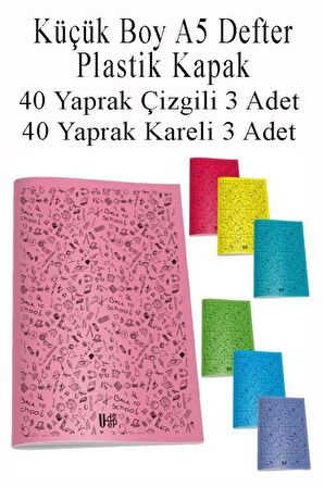 Defter Plastik Kapak A5 40 Yaprak Çizgili 3 Adet ve 40 Yaprak Kareli 3 Adet Küçük Boy Defter