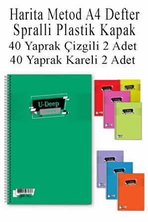 A4 Okul Defteri Spiralli Plastik Kapak 40 Yaprak Çizgili 2 Adet ve 40 Yaprak Kareli 2 Adet Spralli Harita Metod