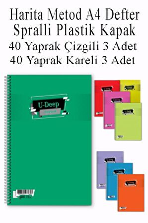 A4 Okul Defteri Spiralli Plastik Kapak 40 Yaprak Çizgili 3 Adet ve 40 Yaprak Kareli 3 Adet Spralli Harita Metod