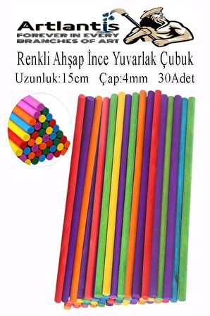 Renkli İnce Ahşap Yuvarlak Çubuk 15 cm 30 lu 1 Paket Okul Öncesi Sınıf Tasarım Etkinlik Hobi