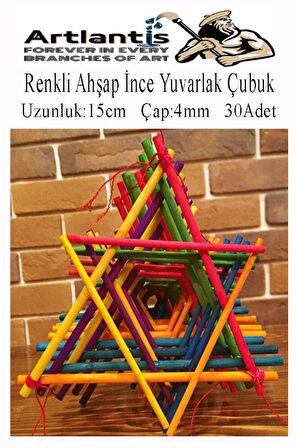 Renkli İnce Ahşap Yuvarlak Çubuk 15 cm 30 lu 1 Paket Okul Öncesi Sınıf Tasarım Etkinlik Hobi